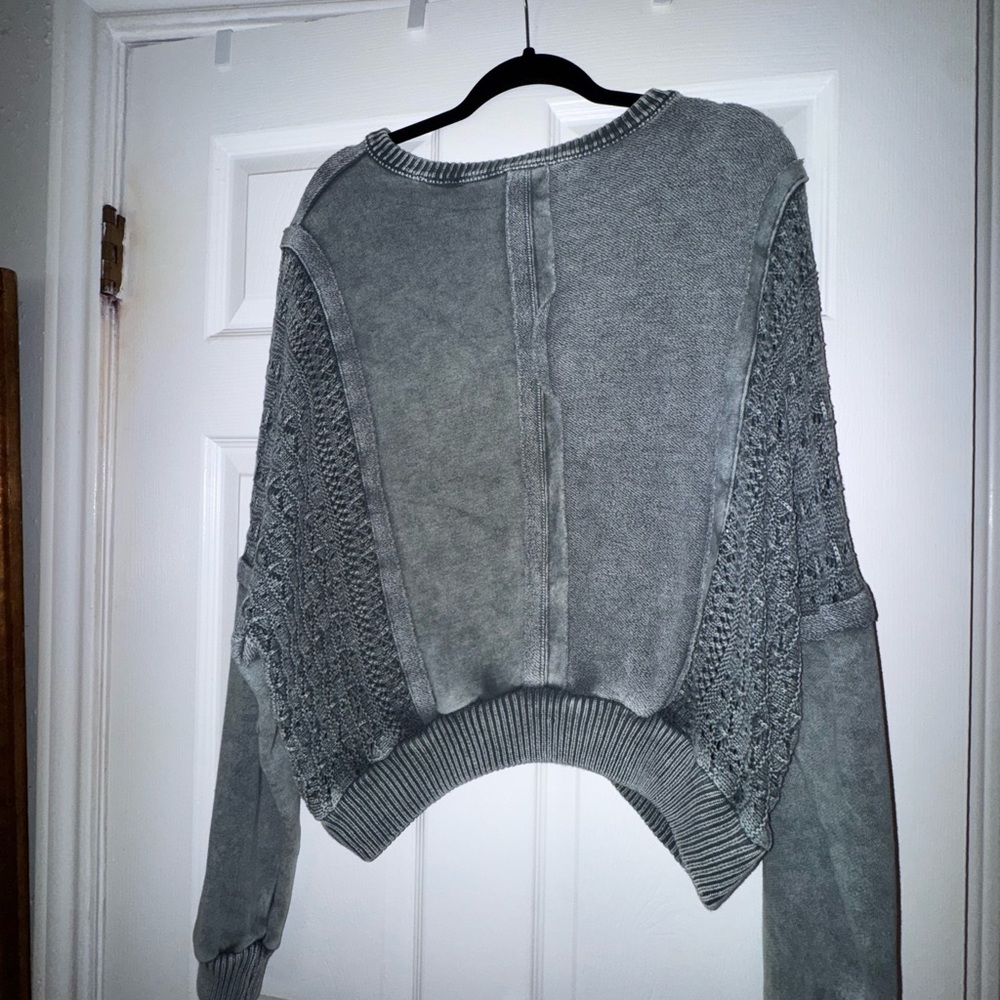 Altar'd State Gray Crew Neck Sweater with Lace Sleeves
